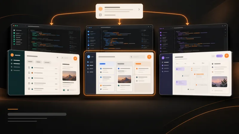 Illustration: three coding workspaces produce different app designs for the same task